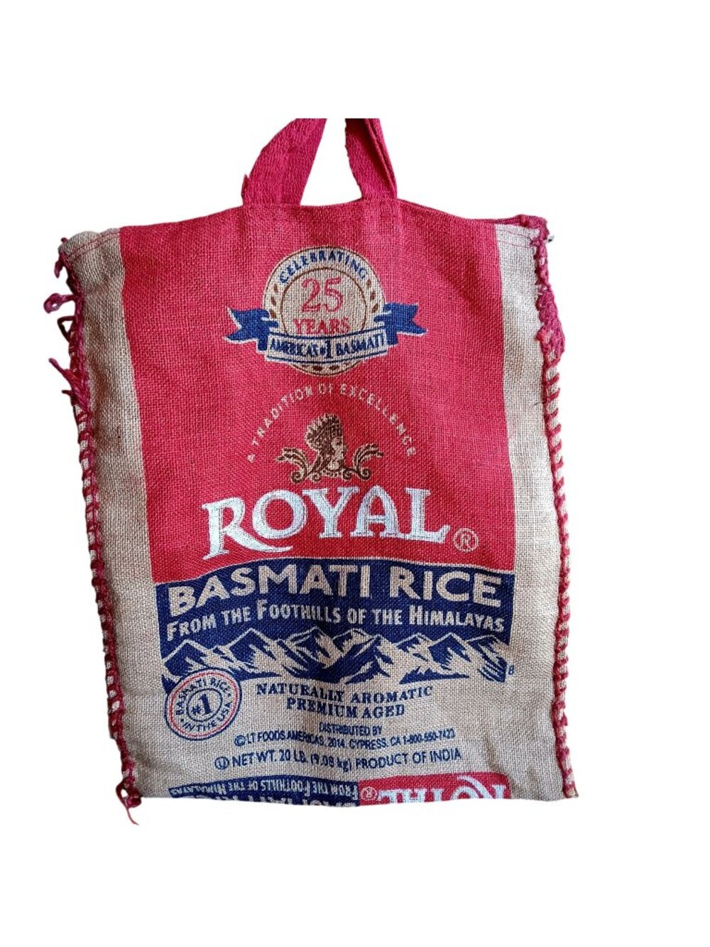 Royal Basmati Rice Burlap Tote Bag Zippered Top 25th Anniversary Print Upcycled